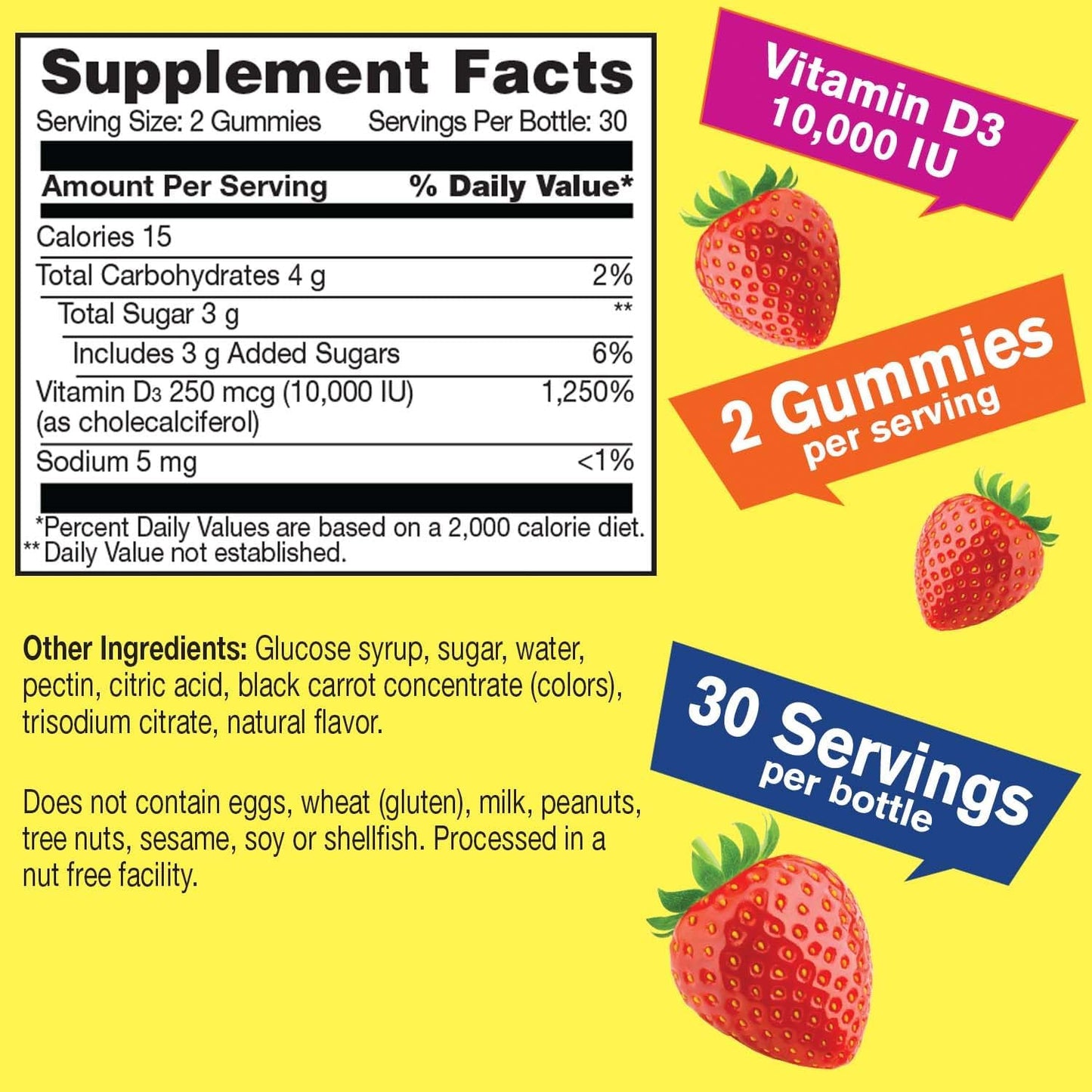 Vegan Vitamin D3 Gummies 10,000 IU (250 mcg) for Immune, Bone & Muscle Support - Nut-Free - Natural Flavors - 60 Count