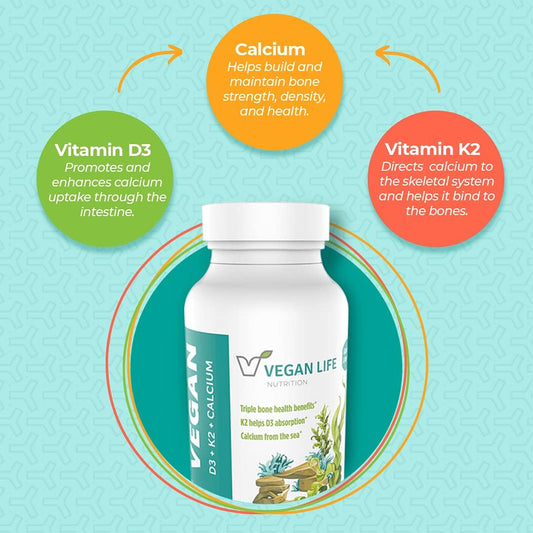Vegan Vitamin D3, K2, and Calcium Supplements - 60 Capsules for Nutritional Support