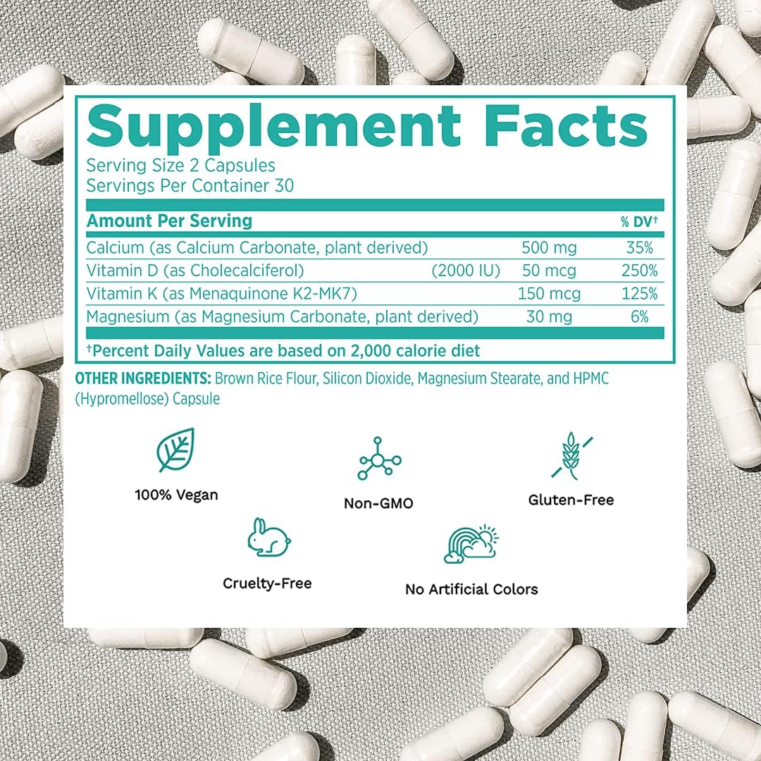 Vegan Vitamin D3, K2, and Calcium Supplements - 60 Capsules for Nutritional Support
