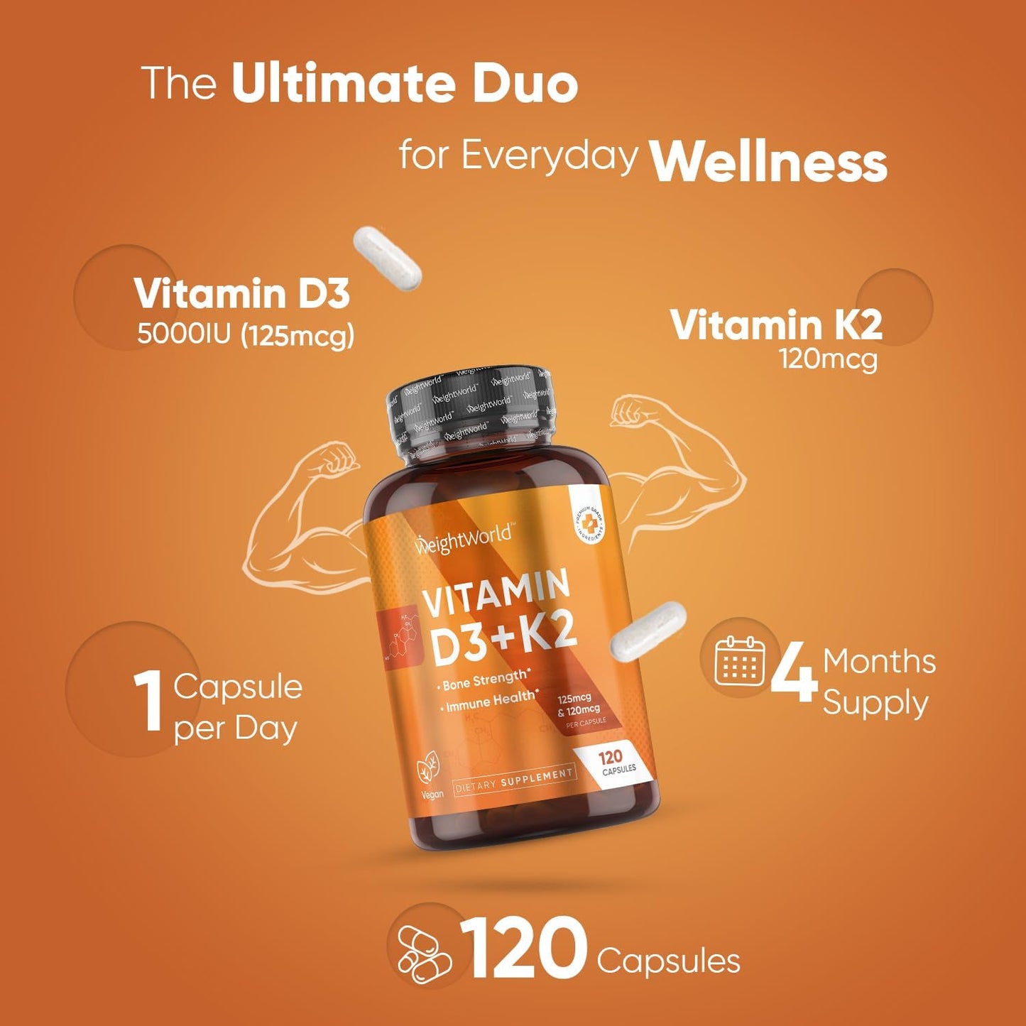 Vegan Vitamin D3 K2 Capsules for Bone Strength & Immune Health - 120 Caps (4 Months Supply) - Gluten-Free & Plant-Based Supplement