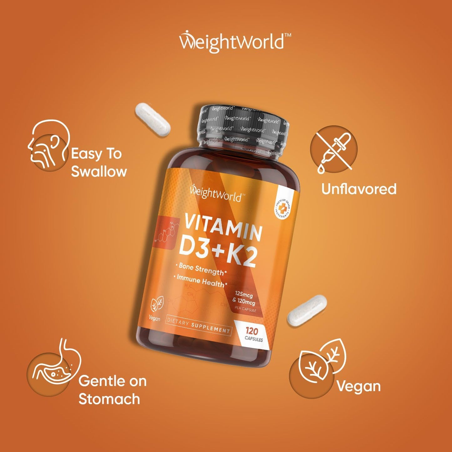 Vegan Vitamin D3 K2 Capsules for Bone Strength & Immune Health - 120 Caps (4 Months Supply) - Gluten-Free & Plant-Based Supplement