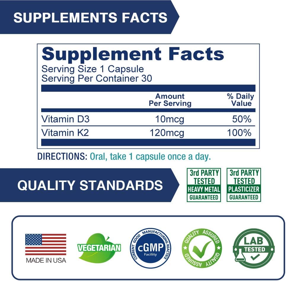 Vegan Vitamin D3 & K2 Supplement for Heart, Teeth, and Immune Support - 30 Vegetarian Capsules x 3 Pack