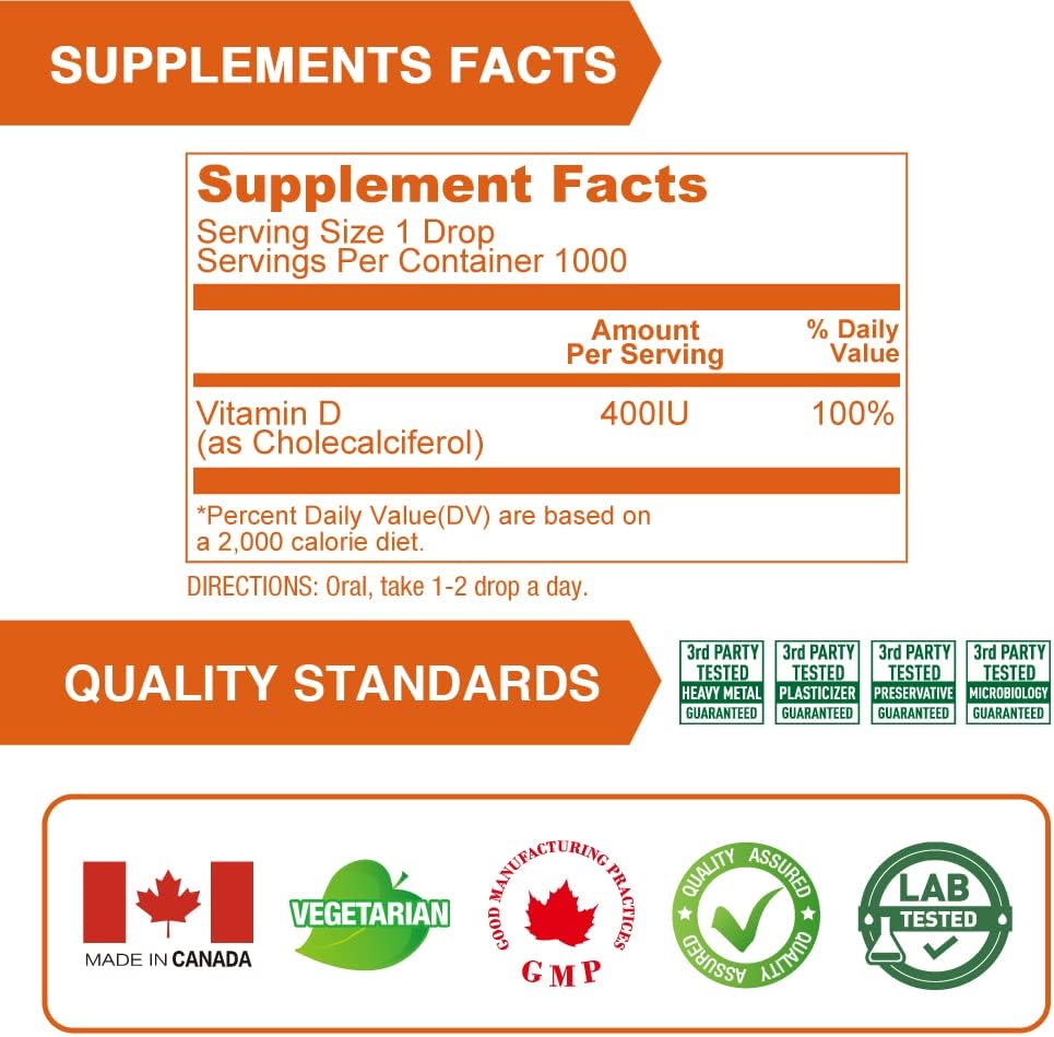 Vegan Vitamin D3 Liquid Drops - 1000 Servings, 400 IU per Serving, Ideal for Infants, Babies & Adults, Supports Healthy Bones & Teeth - 1 Fl Oz