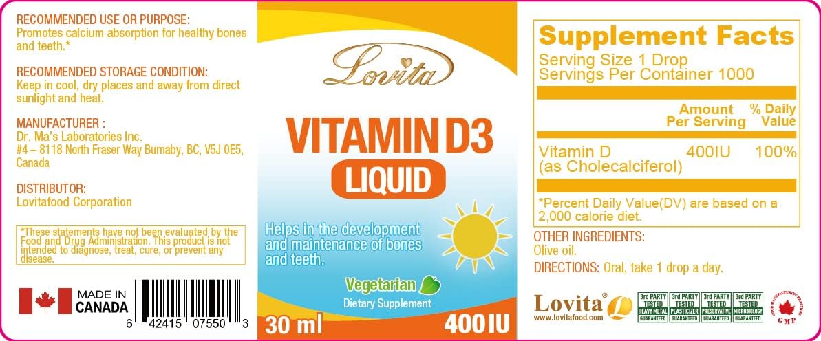 Vegan Vitamin D3 Liquid Drops - 1000 Servings, 400 IU per Serving, Ideal for Infants, Babies & Adults, Supports Healthy Bones & Teeth - 1 Fl Oz