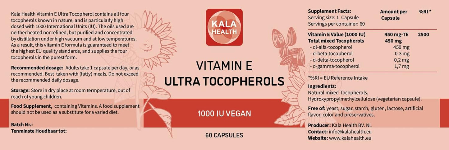 Vegan Vitamin E Supplement with All 4 Tocopherols - 1000 IU Ultra Tocopherol - Alpha, Beta, Gamma, Delta - 450mg - Kala Health - BoostGo Australia