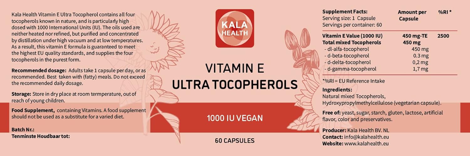 Vegan Vitamin E Supplement with All 4 Tocopherols - 1000 IU Ultra Tocopherol - Alpha, Beta, Gamma, Delta - 450mg - Kala Health - BoostGo Australia