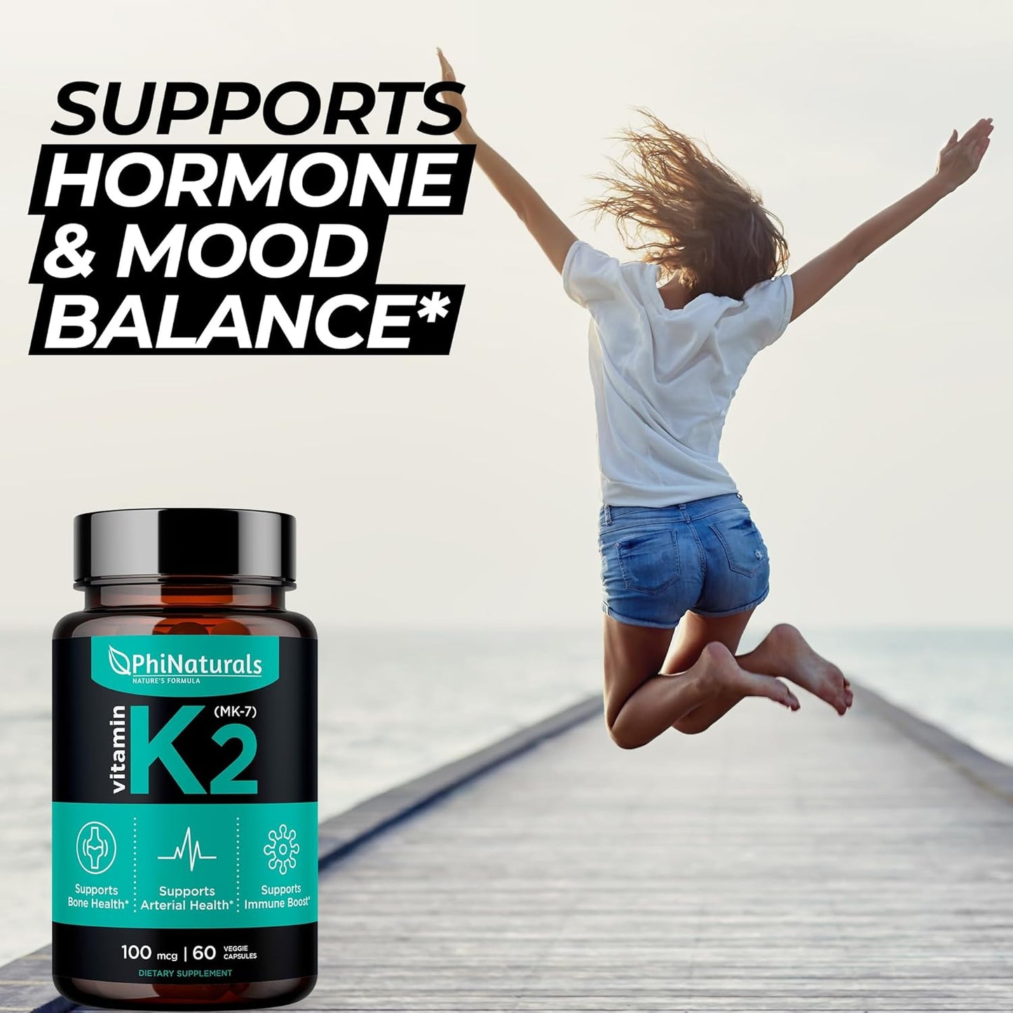 Vegan Vitamin K2 Mk7 Supplement 100mcg for Bone and Heart Health - 60 Capsules