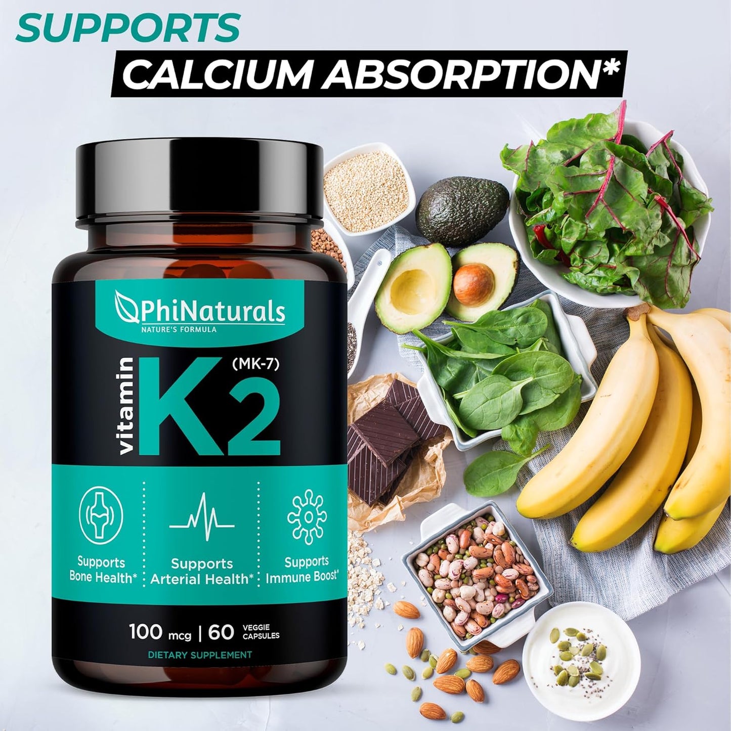 Vegan Vitamin K2 Mk7 Supplement 100mcg for Bone and Heart Health - 60 Capsules