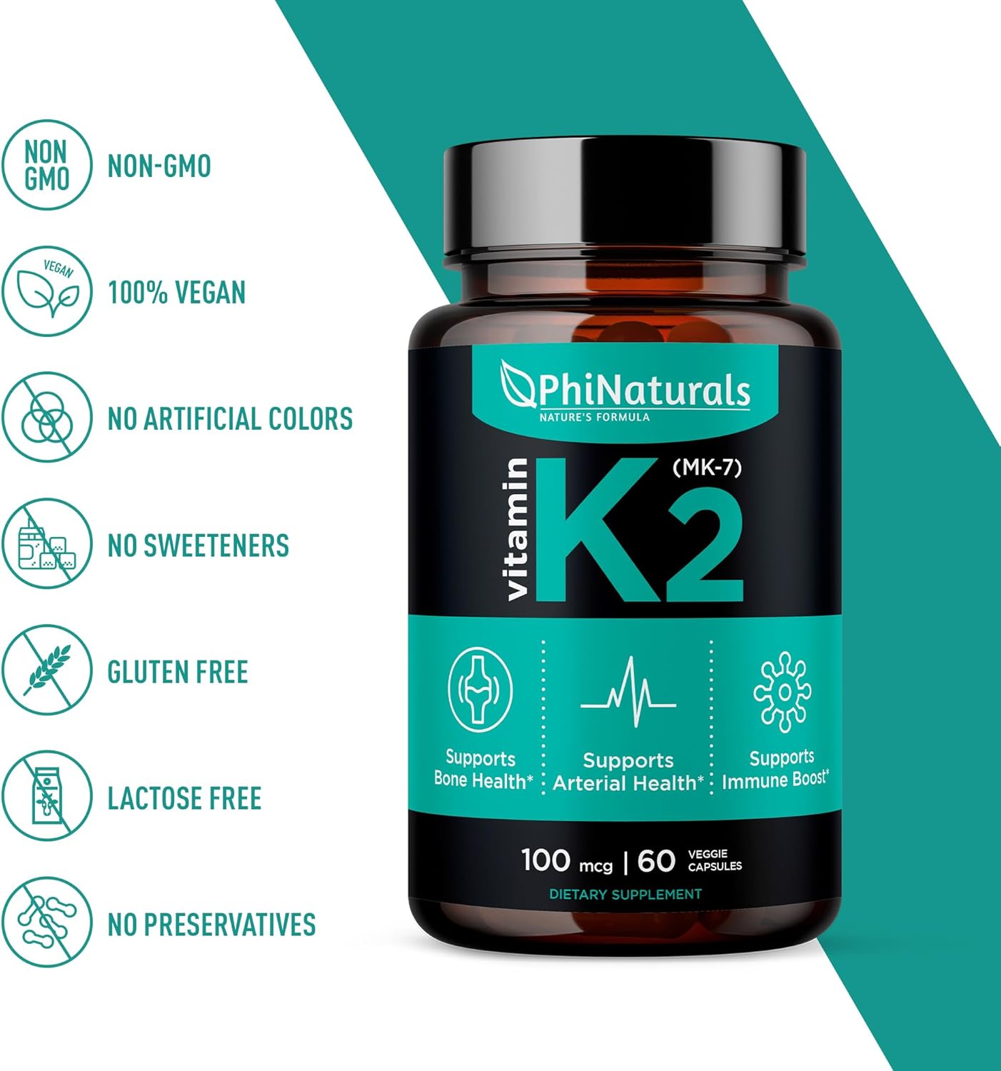 Vegan Vitamin K2 Mk7 Supplement 100mcg for Bone and Heart Health - 60 Capsules