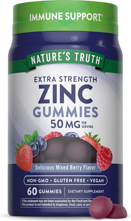 Vegan Zinc Gummies for Adults - 50 mg - 60 Count - Mixed Berry Flavor - Non-GMO & Gluten Free - Extra Strength Supplement by Nature's Truth