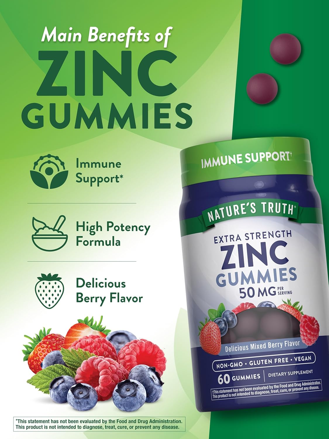 Vegan Zinc Gummies for Adults - 50 mg - 60 Count - Mixed Berry Flavor - Non-GMO & Gluten Free - Extra Strength Supplement by Nature's Truth