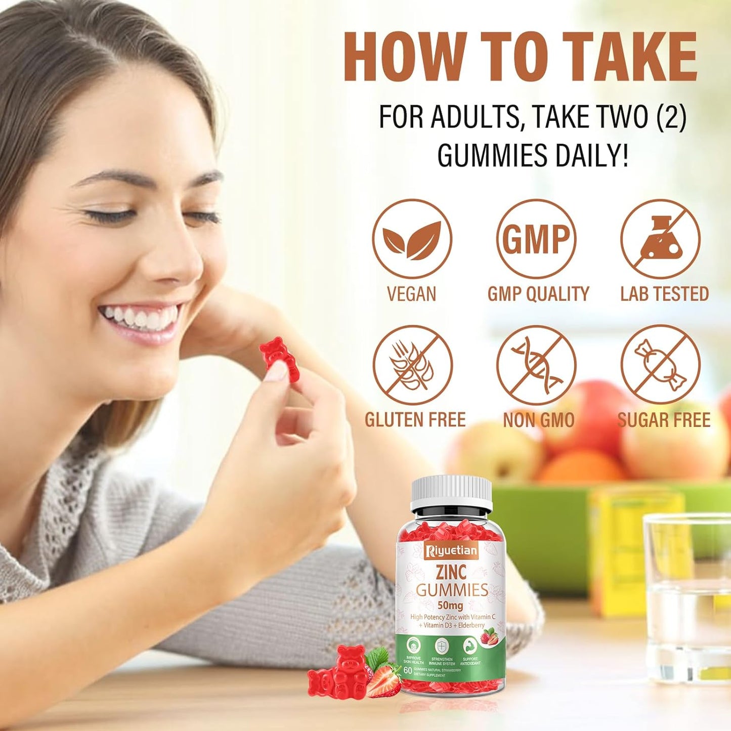 Vegan Zinc Gummies with Vitamin C - Immune Health Support - Non-GMO Antioxidant Supplements - 100mg Zinc - 2 Pack