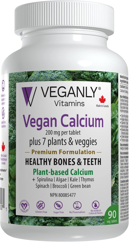 Veganly Vitamins: Plant-Based Calcium Plus 7 for Bone and Teeth Health (90 Capsules)