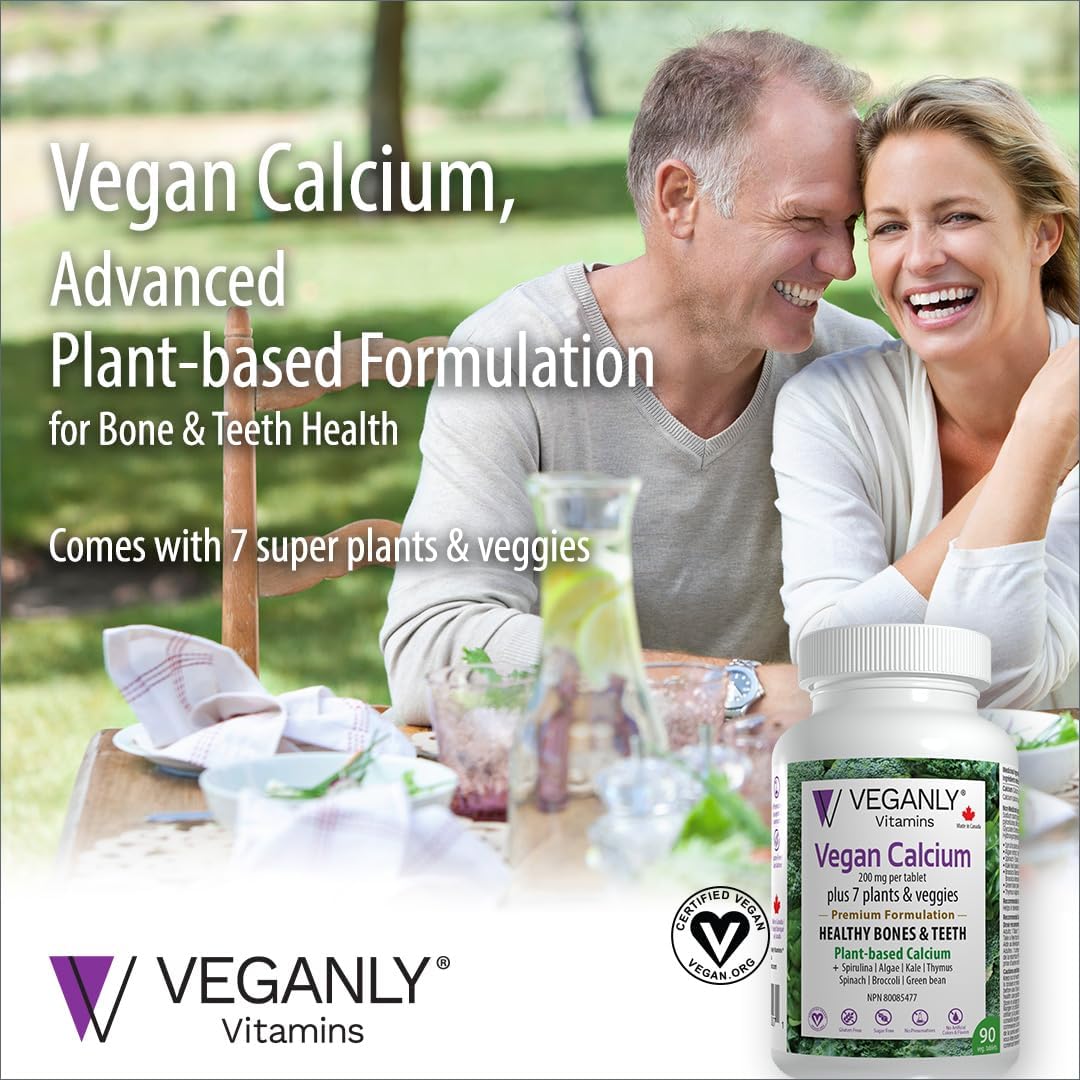 Veganly Vitamins: Plant-Based Calcium Plus 7 for Bone and Teeth Health (90 Capsules)