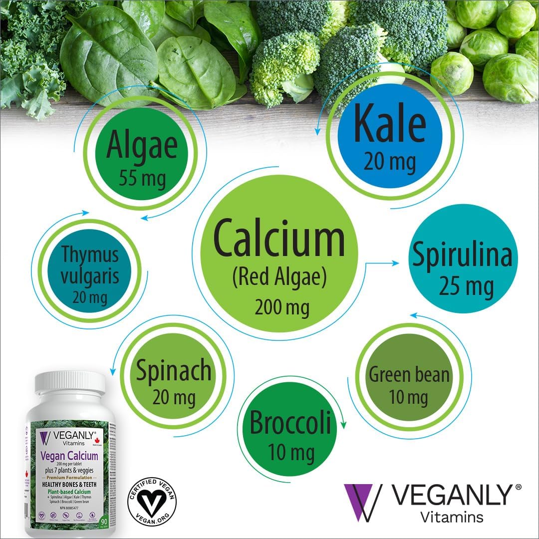 Veganly Vitamins: Plant-Based Calcium Plus 7 for Bone and Teeth Health (90 Capsules)
