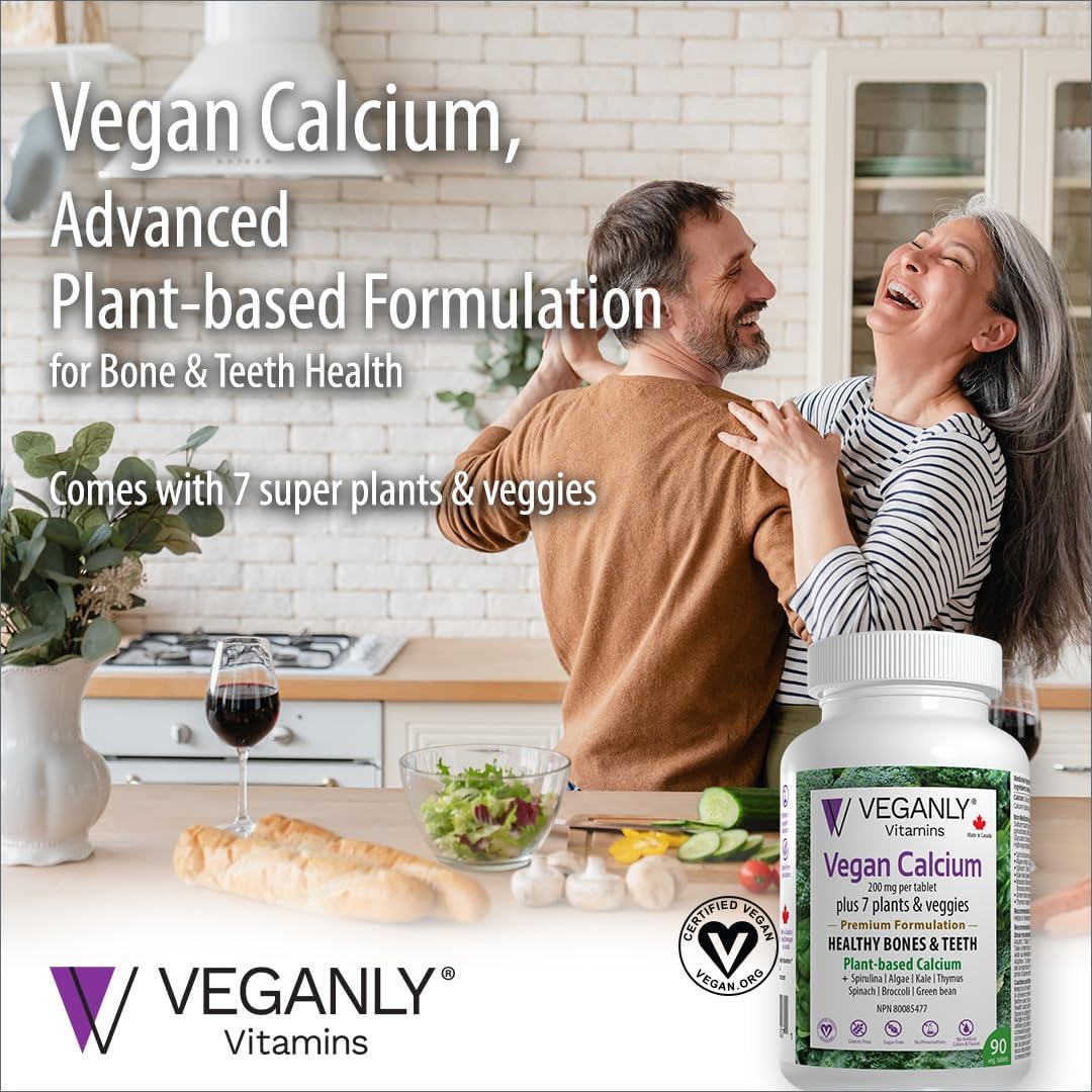 Veganly Vitamins: Plant-Based Calcium Plus 7 for Bone and Teeth Health (90 Capsules)
