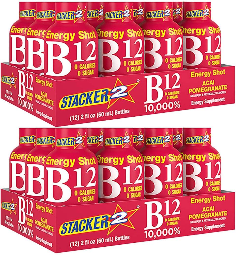 Vegansafe Liquid Energy Shots Bundle Pack - Vitamin B Complex B12 B6 B3 Stacker 2 - 10,000% DRV - Cyanocobalamin - Pyridoxine - Niacinamide - 2oz, 24 Pack