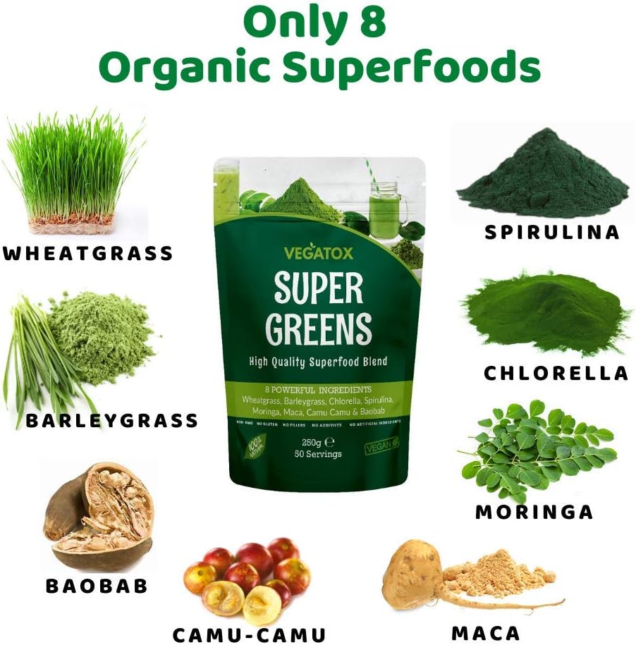 Vegatox Super Greens Powder 250g | Natural Vegan Green Superfood for Immunity Support, Energy Boost & Detox | Alkaline Formula with 50 Servings
