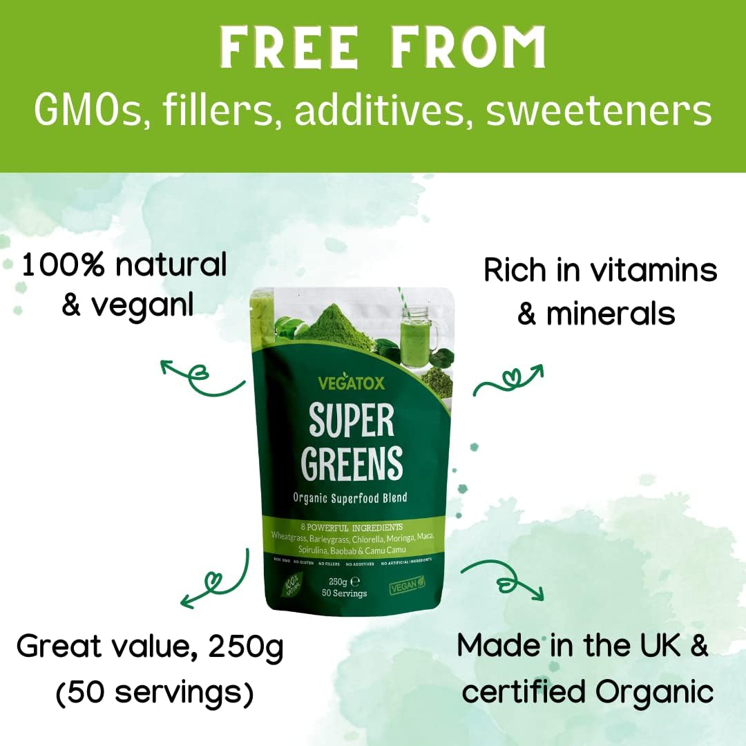 Vegatox Super Greens Powder 250g | Natural Vegan Green Superfood for Immunity Support, Energy Boost & Detox | Alkaline Formula with 50 Servings