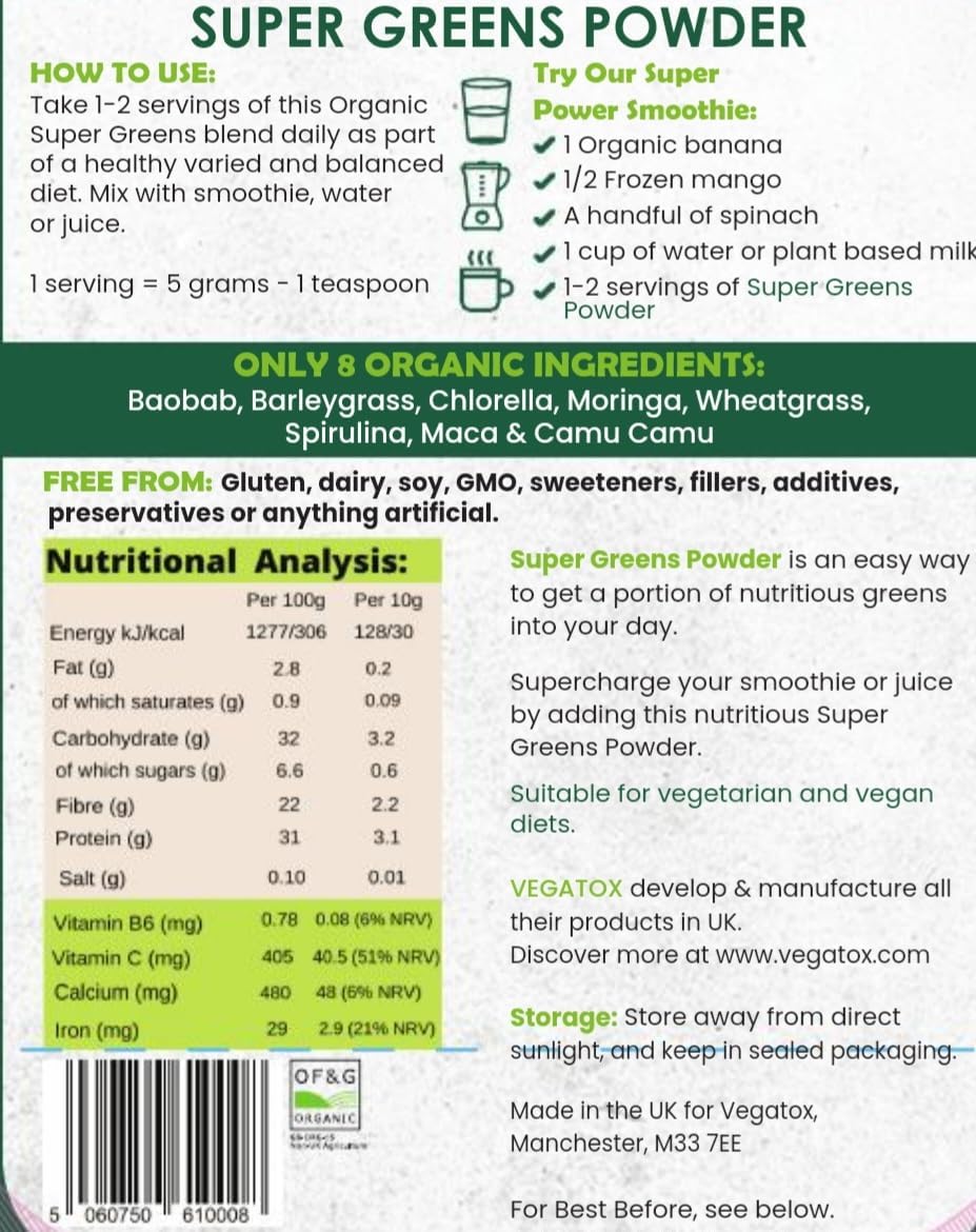 Vegatox Super Greens Powder 250g | Natural Vegan Green Superfood for Immunity Support, Energy Boost & Detox | Alkaline Formula with 50 Servings