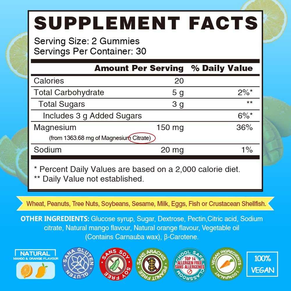 VEGEPOWER Vegan Magnesium Citrate Gummies - 1363.68mg for Better Sleep & Relaxation - 2 Pack of 60 Count Mango Flavored Supplements