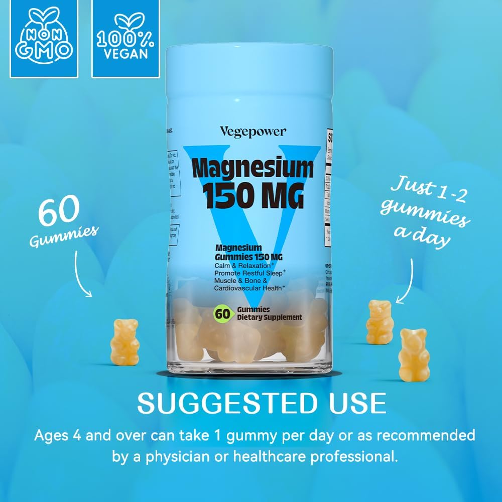 VEGEPOWER Vegan Magnesium Citrate Gummies - 1363.68mg for Better Sleep & Relaxation - 2 Pack of 60 Count Mango Flavored Supplements