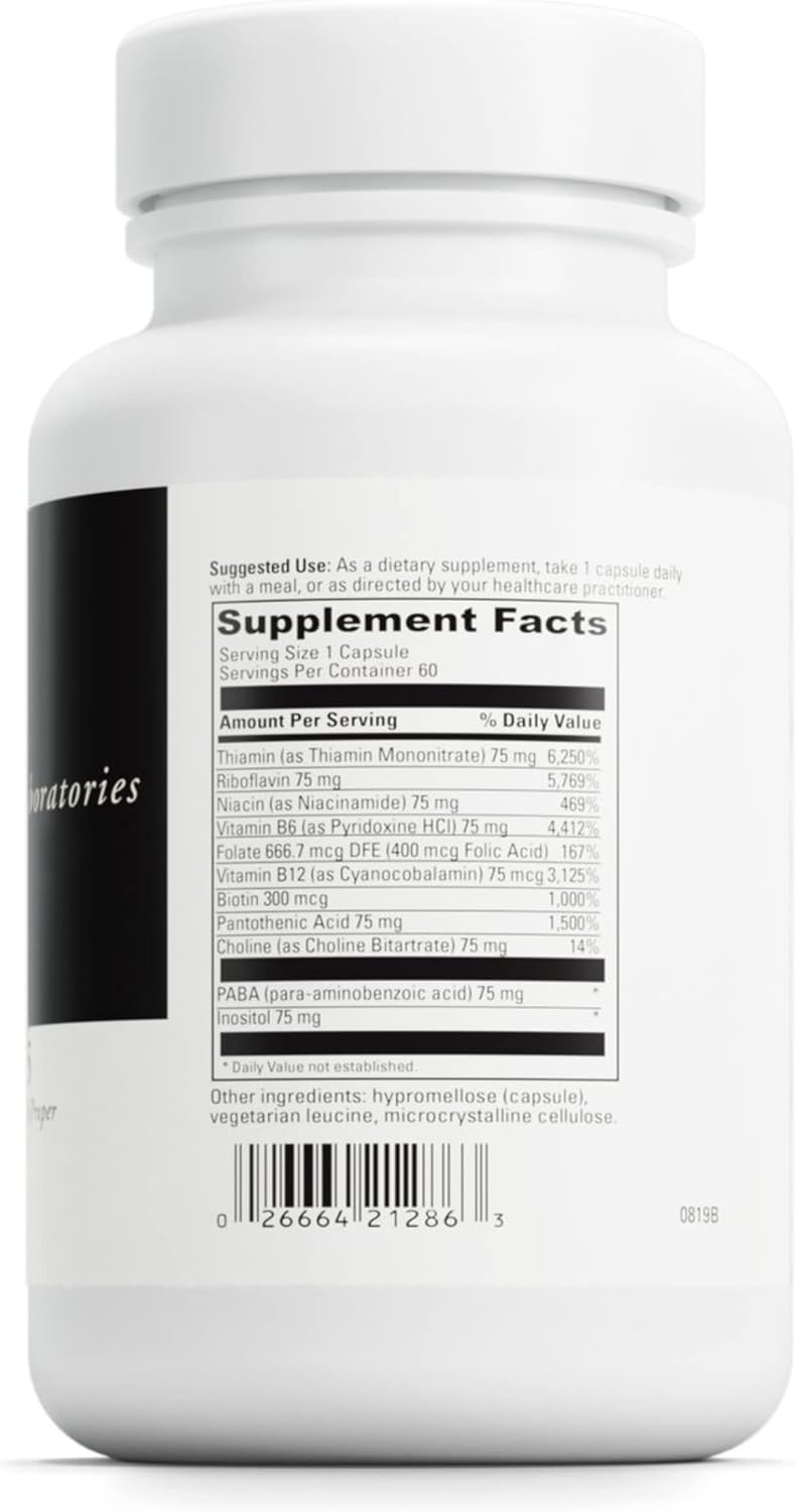 Vegetarian B Complex-75 Dietary Supplement for Relaxation and Nerve Function - Gluten-Free Capsules with Niacin, B6, B12, Biotin, Choline - 60 ct.