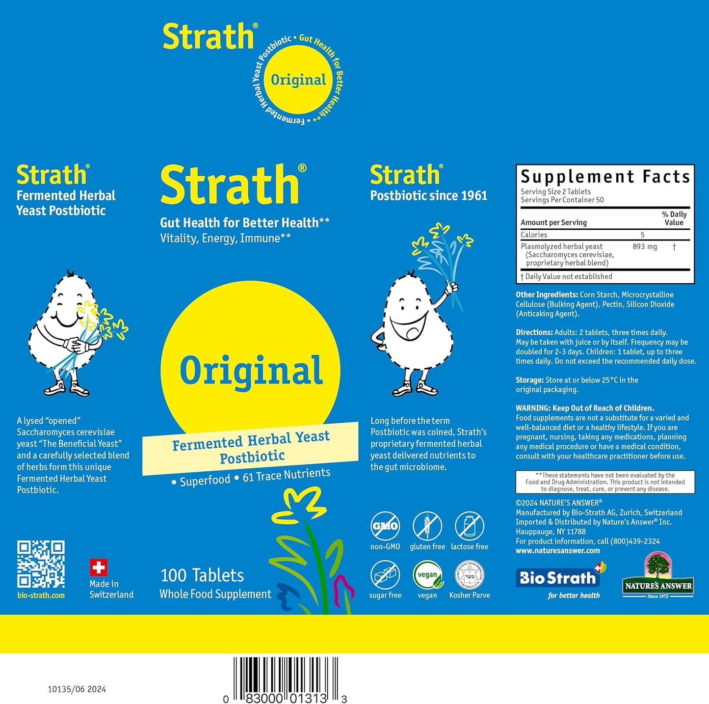 Vegetarian Bio-Strath Nutritional Yeast Tablets for Digestive Support and Nutrient Absorption - Lactose Free, Additive Free - Unflavored Daily Supplement with Prebiotic and Postbiotic Properties