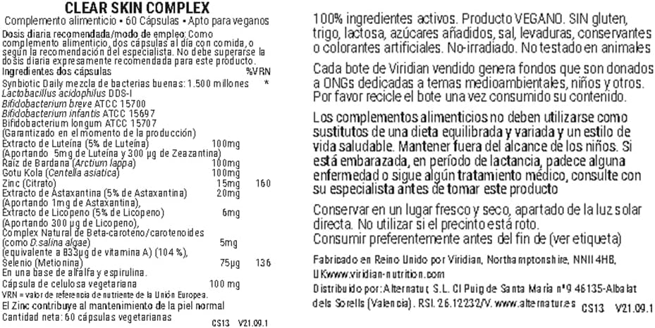 Vegetarian Capsules: Viridian Clear Skin Complex - 60 Capsules