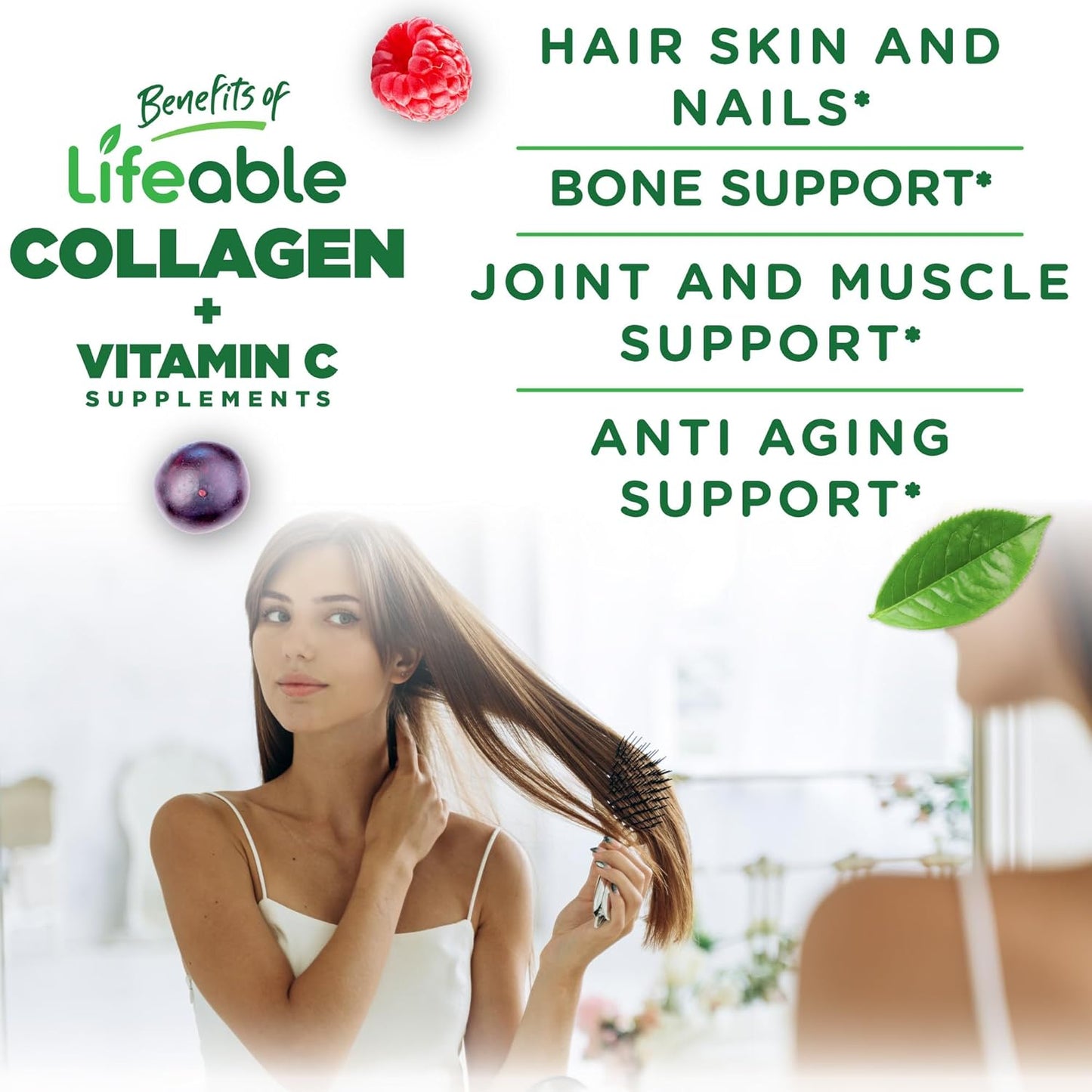 Vegetarian Collagen Gummies with Vitamin C | 100mg Lifeable Collagen Peptides | Hair Skin Nails Supplements for Adults | 90 Great-Tasting Gummies