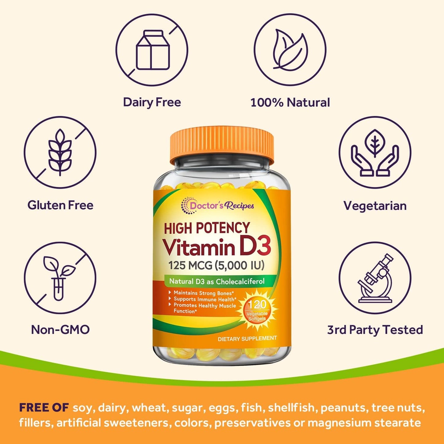 Vegetarian Doctor's Recipes Vitamin D3 5000IU Softgels for Immune Support and Bone Health