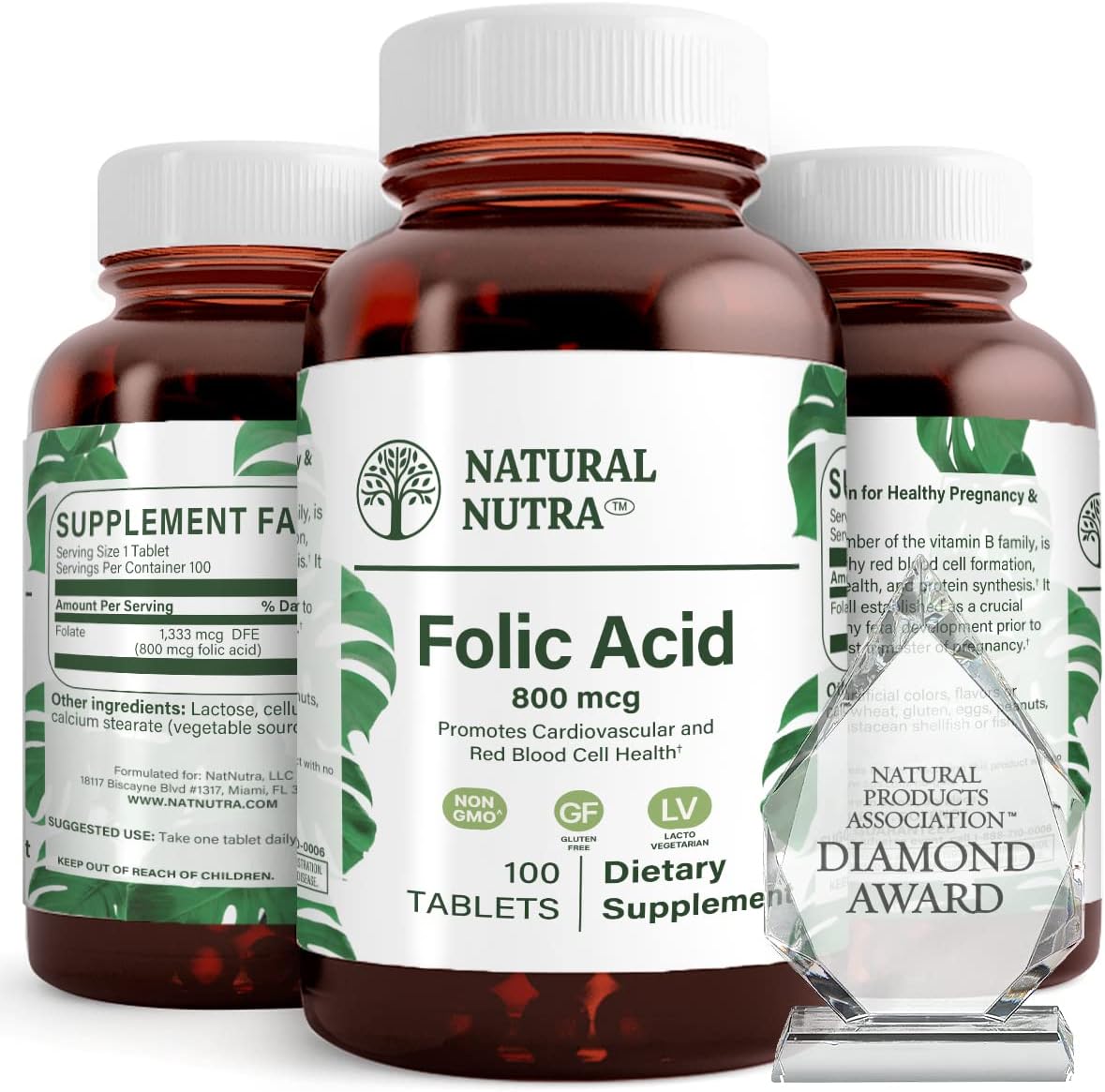 Vegetarian Folic Acid Folate Vitamin B9 Supplement for Heart Health, 800 mcg, 100 Tablets, Gluten Free