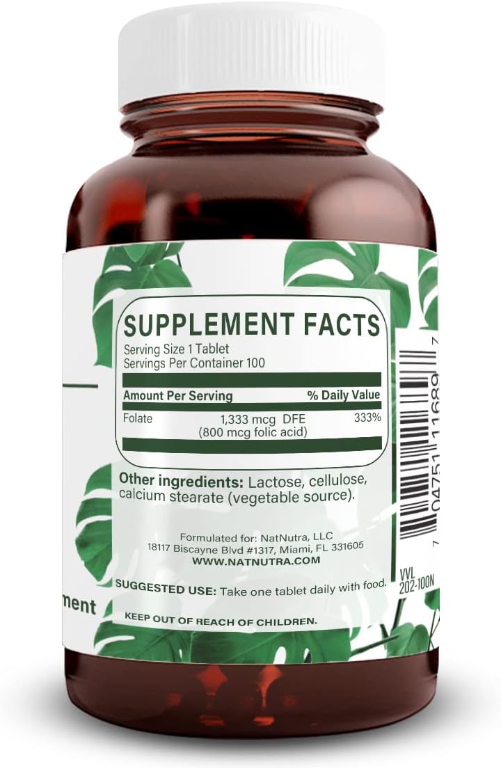 Vegetarian Folic Acid Folate Vitamin B9 Supplement for Heart Health, 800 mcg, 100 Tablets, Gluten Free