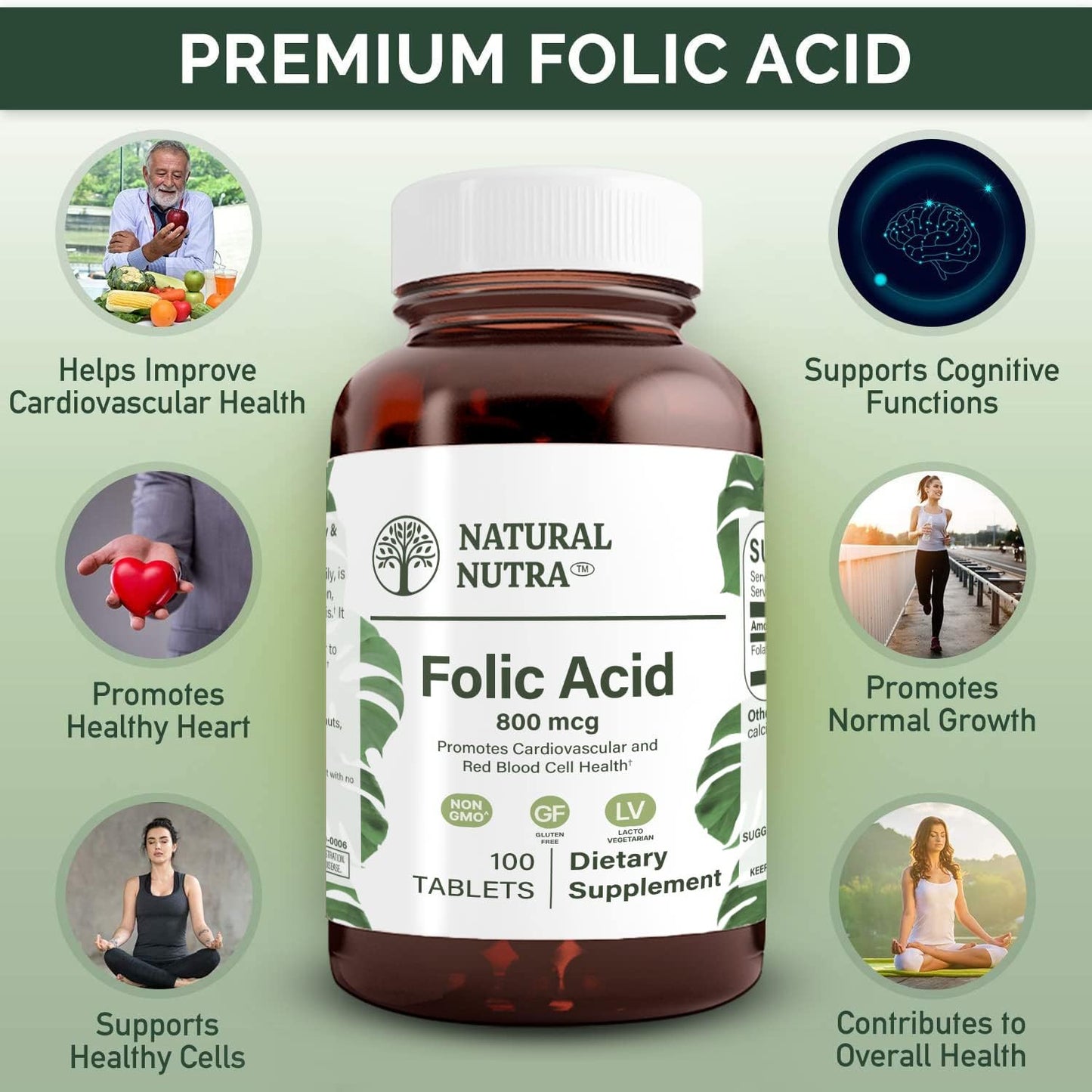 Vegetarian Folic Acid Folate Vitamin B9 Supplement for Heart Health, 800 mcg, 100 Tablets, Gluten Free
