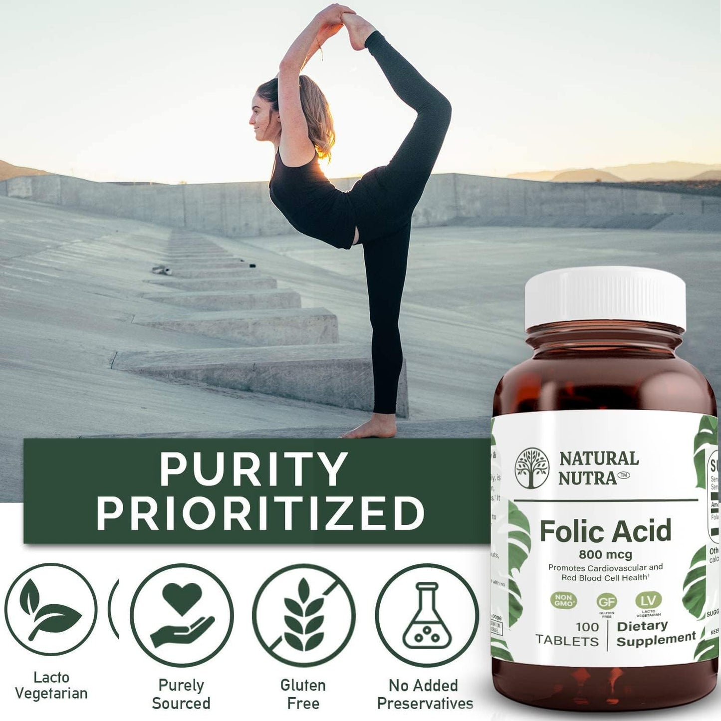 Vegetarian Folic Acid Folate Vitamin B9 Supplement for Heart Health, 800 mcg, 100 Tablets, Gluten Free