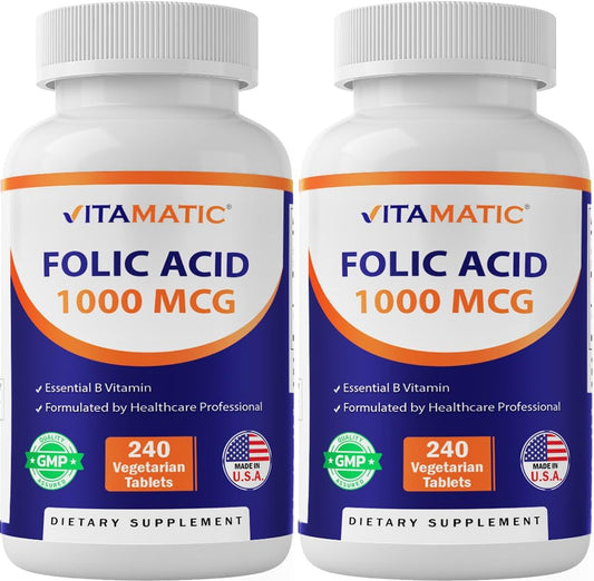 Vegetarian Folic Acid Tablets 1000 mcg - Vitamin B9 Supplement (2 Pack of 240 Count)