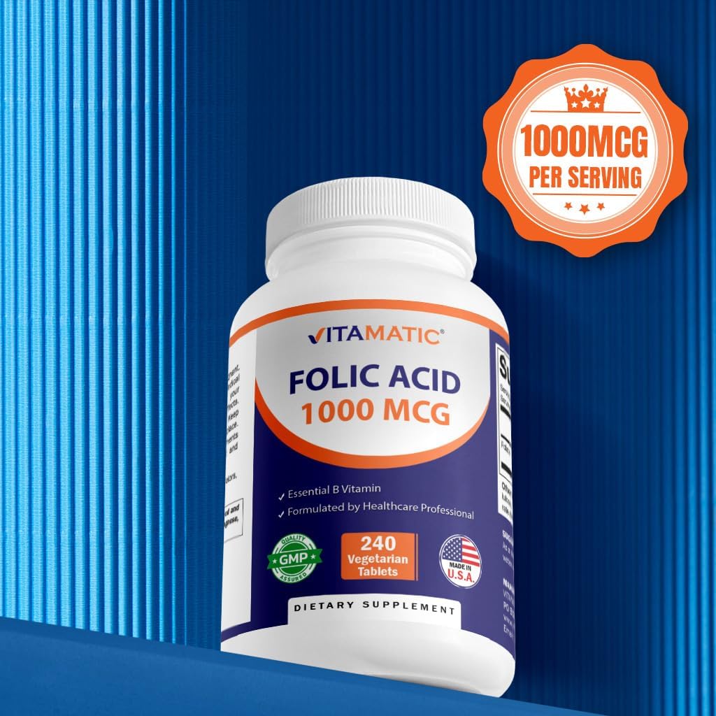 Vegetarian Folic Acid Tablets 1000 mcg - Vitamin B9 Supplement (2 Pack of 240 Count)