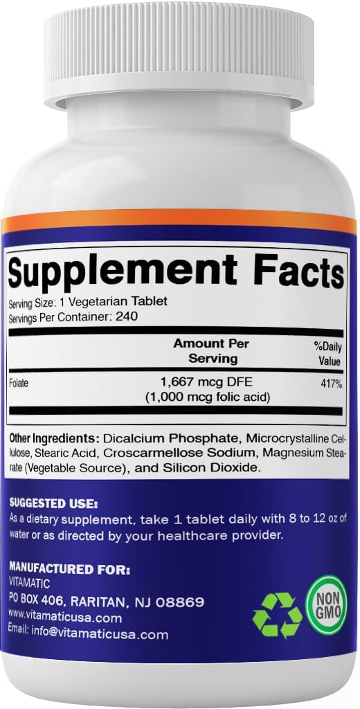 Vegetarian Folic Acid Tablets 1000 mcg - Vitamin B9 Supplement (2 Pack of 240 Count)