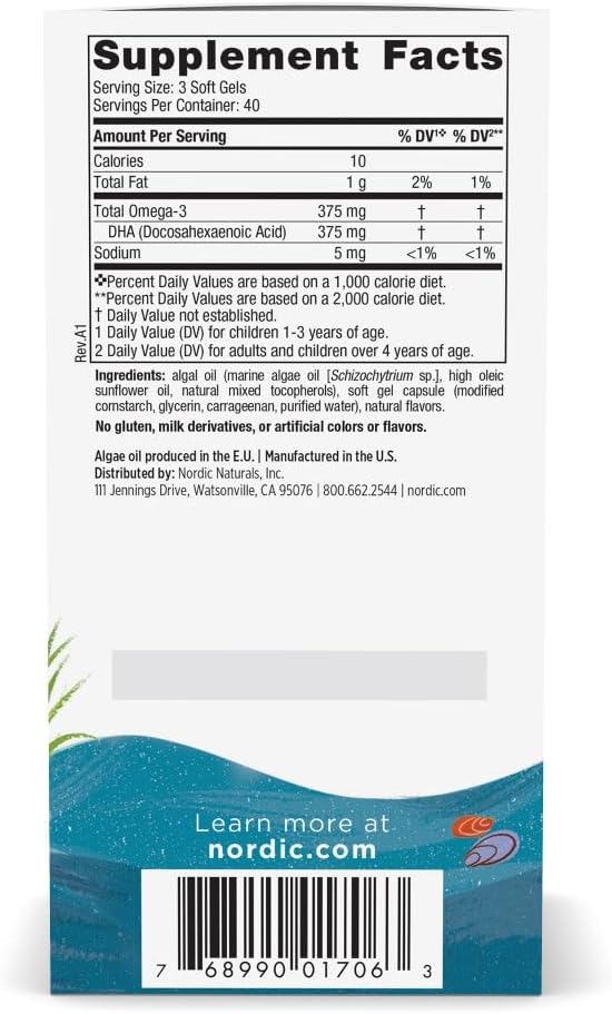 Vegetarian Kids DHA Omega-3 Supplement - Algae Oil Mini Chewables - Berry Lemonade Flavor - Plant-Based Formula for Ages 3+ - 120 Soft Gels