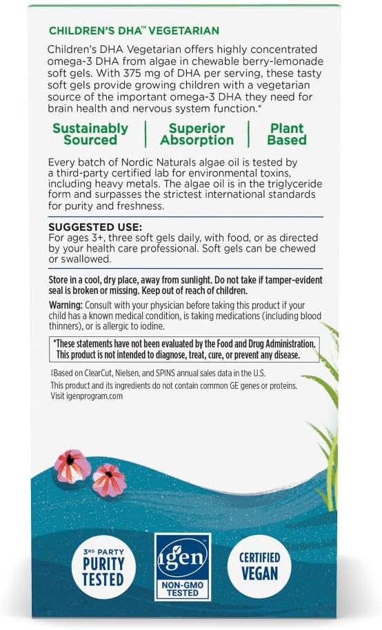 Vegetarian Kids DHA Omega-3 Supplement - Algae Oil Mini Chewables - Berry Lemonade Flavor - Plant-Based Formula for Ages 3+ - 120 Soft Gels