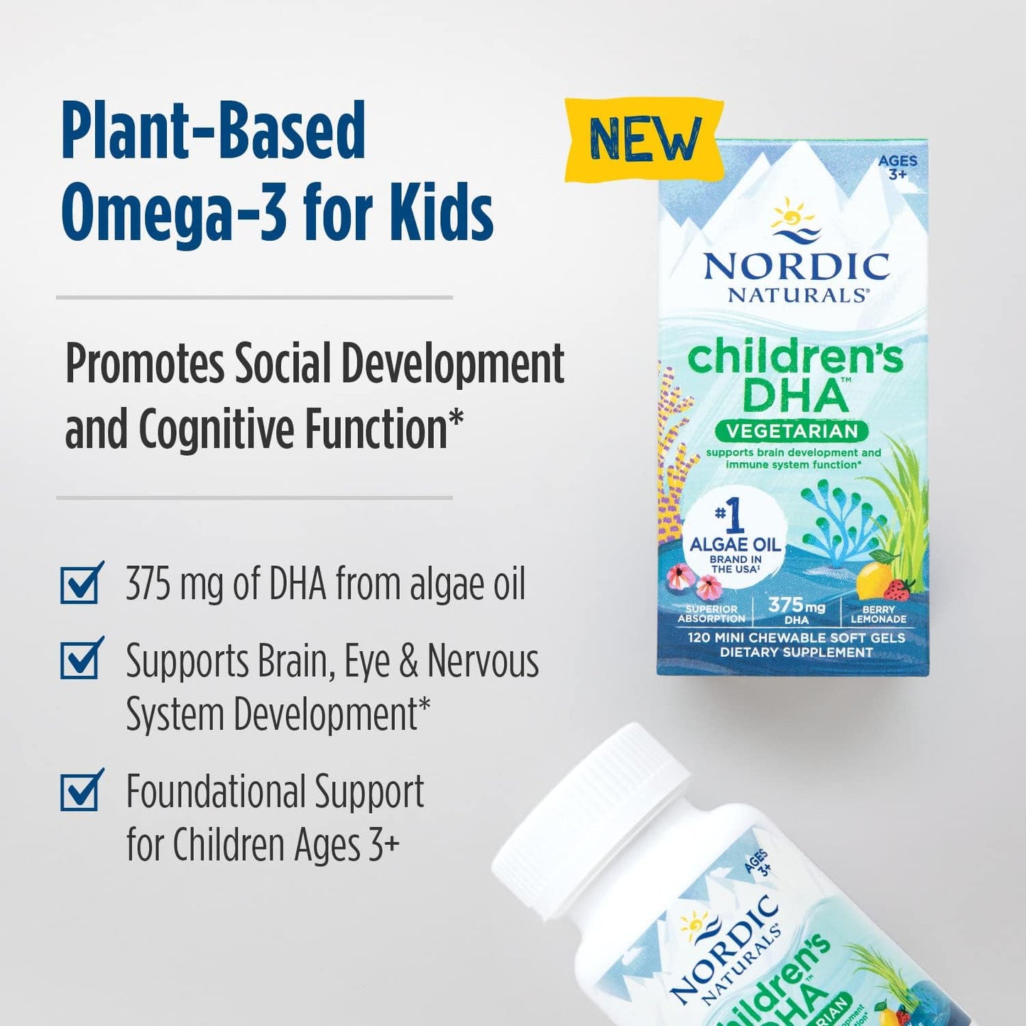 Vegetarian Kids DHA Omega-3 Supplement - Algae Oil Mini Chewables - Berry Lemonade Flavor - Plant-Based Formula for Ages 3+ - 120 Soft Gels