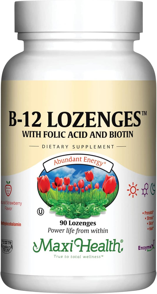 Vegetarian Kosher B12 Vitamin Lozenges with Folic Acid & Biotin, Strawberry Flavor - Sublingual Vit B12 Supplement (90 Count)