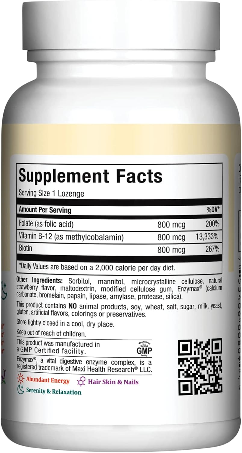 Vegetarian Kosher B12 Vitamin Lozenges with Folic Acid & Biotin, Strawberry Flavor - Sublingual Vit B12 Supplement (90 Count)