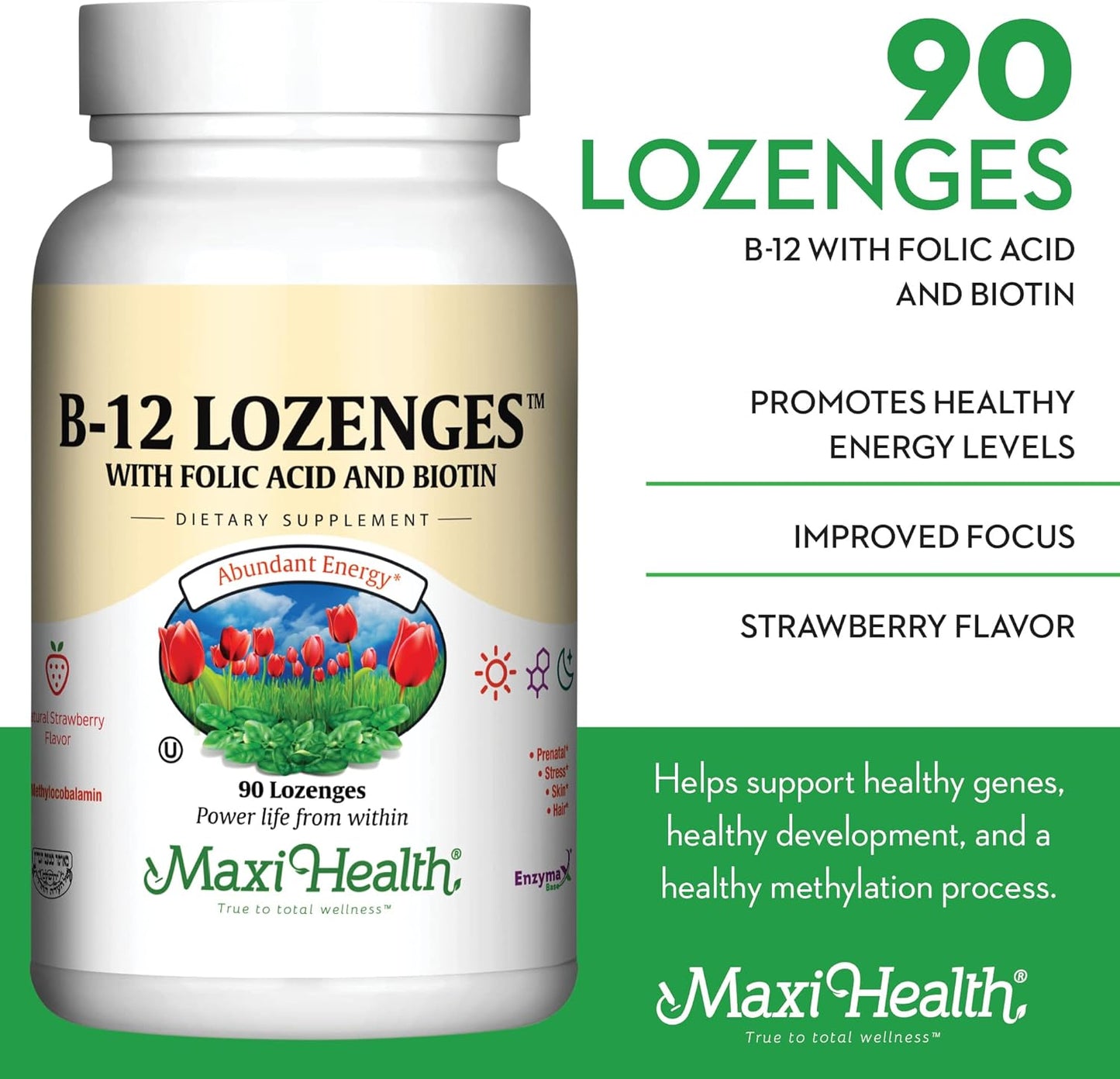 Vegetarian Kosher B12 Vitamin Lozenges with Folic Acid & Biotin, Strawberry Flavor - Sublingual Vit B12 Supplement (90 Count)