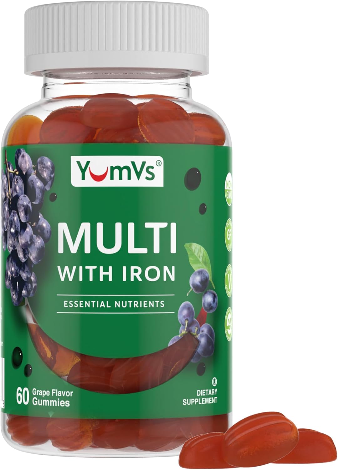 Vegetarian Kosher Multivitamin Gummies with Iron for Adults - Grape Flavor - Vitamin A C B6 B12 Biotin Zinc - No Calcium - Men/Women (60 Count) - BoostGo Australia
