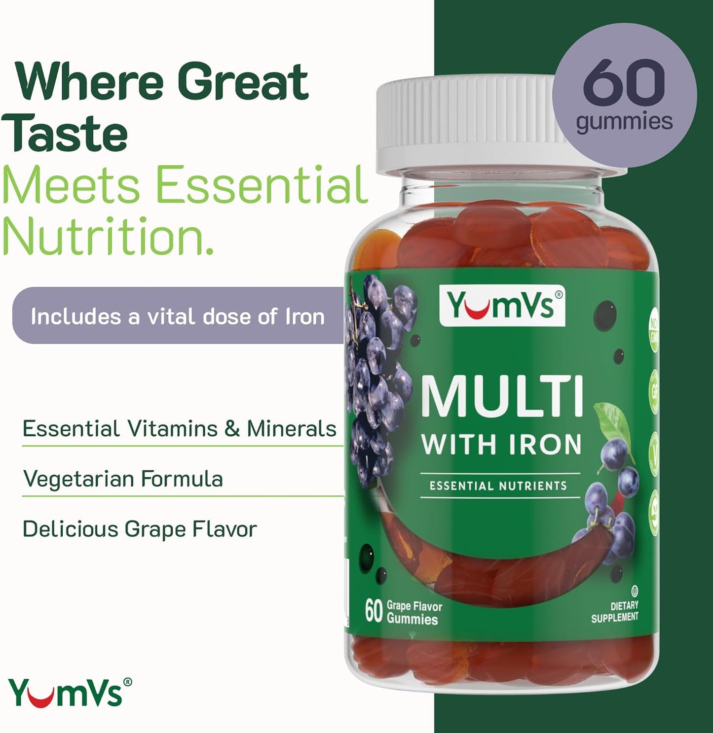 Vegetarian Kosher Multivitamin Gummies with Iron for Adults - Grape Flavor - Vitamin A C B6 B12 Biotin Zinc - No Calcium - Men/Women (60 Count) - BoostGo Australia