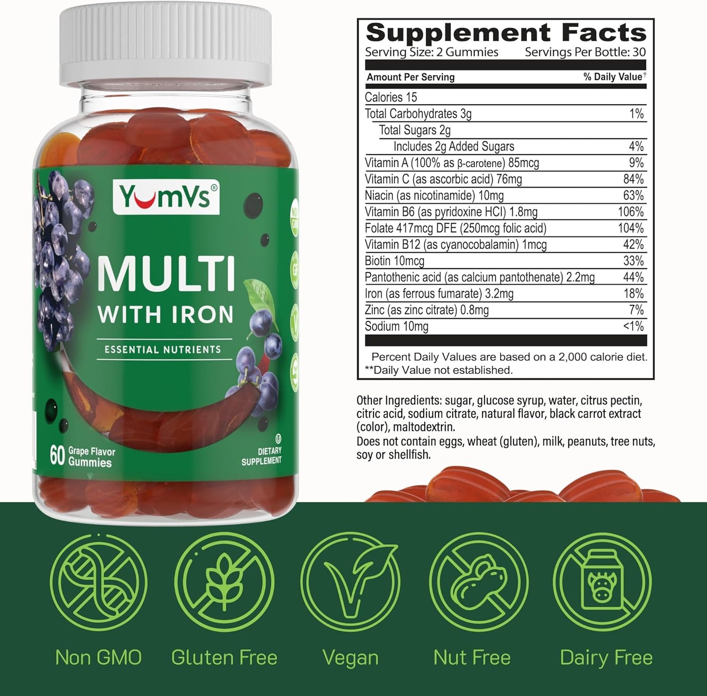 Vegetarian Kosher Multivitamin Gummies with Iron for Adults - Grape Flavor - Vitamin A C B6 B12 Biotin Zinc - No Calcium - Men/Women (60 Count) - BoostGo Australia