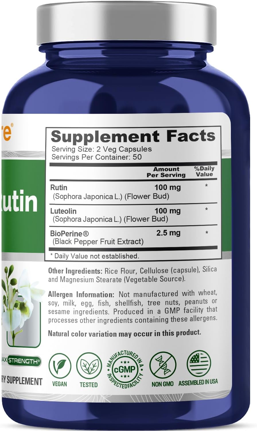 Vegetarian Luteolin Complex with Rutin 200 mg - 100 Capsules | Non-GMO Vegan Flavonoid Supplement by NusaPure