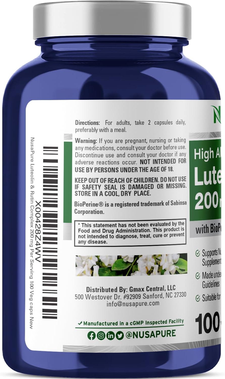 Vegetarian Luteolin Complex with Rutin 200 mg - 100 Capsules | Non-GMO Vegan Flavonoid Supplement by NusaPure