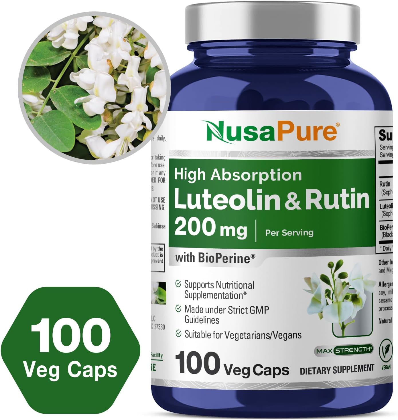Vegetarian Luteolin Complex with Rutin 200 mg - 100 Capsules | Non-GMO Vegan Flavonoid Supplement by NusaPure